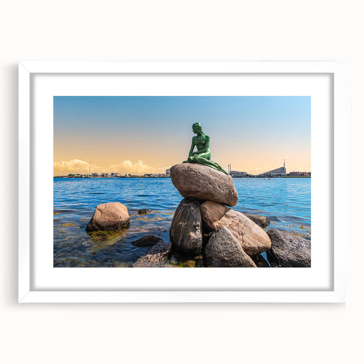 Textured abstract art print depicting a serene Danish landscape in soft pastel colors, framed with a white mat.