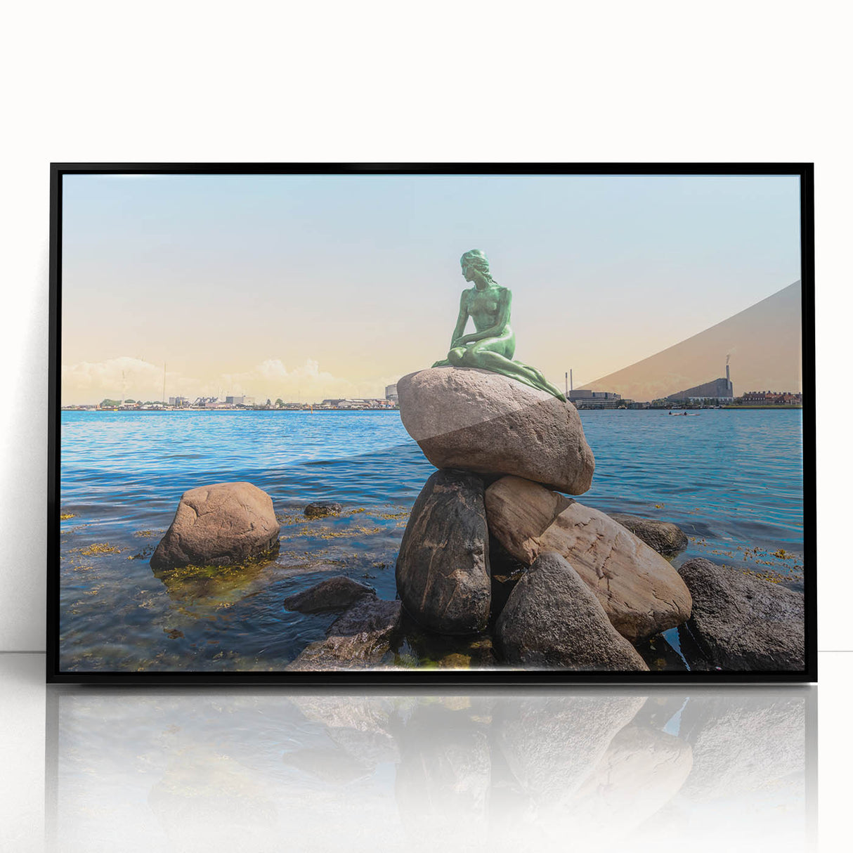 Large abstract wall art depicting a European Danish landscape in muted earth tones, framed in black acrylic.