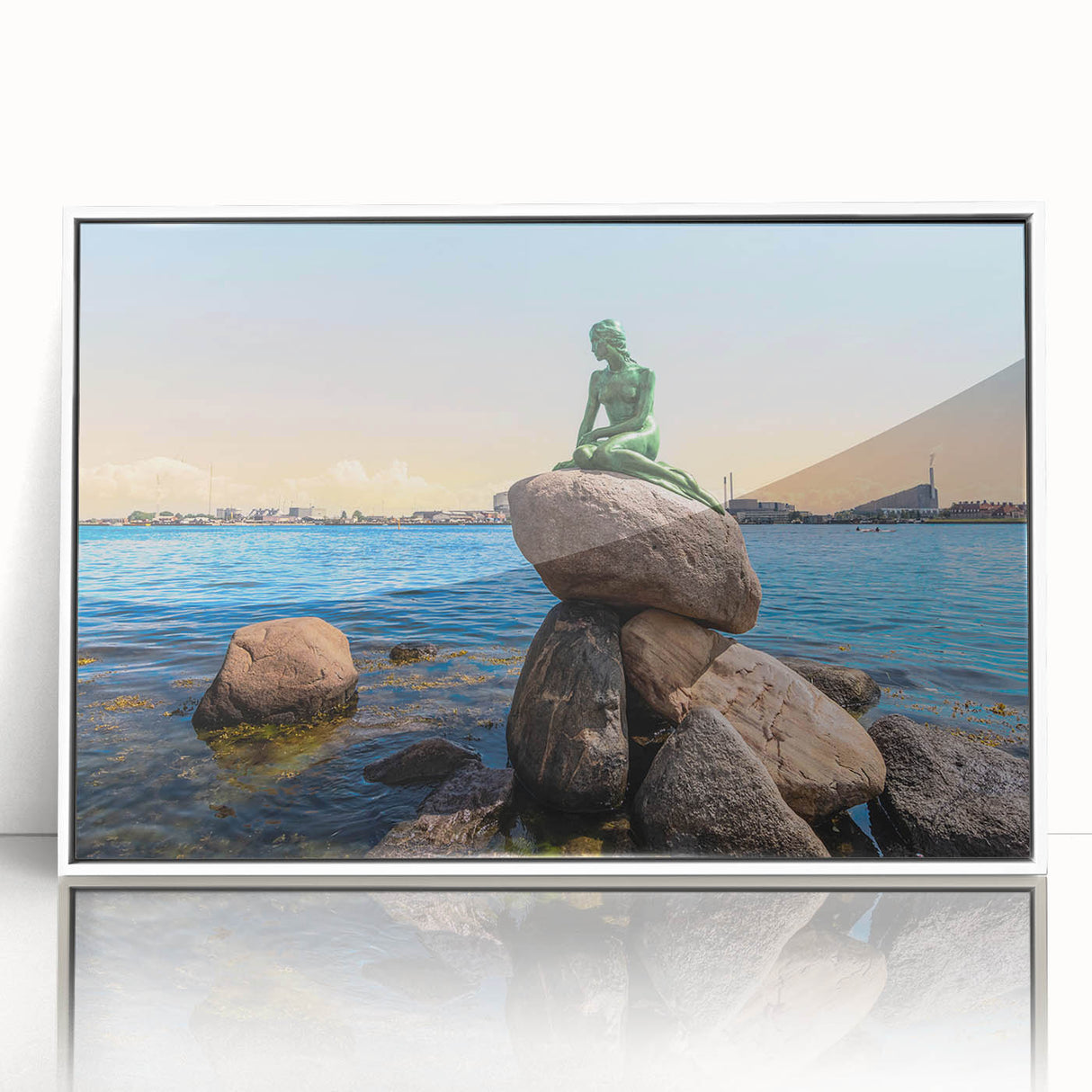 Mid-century modernist art depicting a serene Danish landscape in soft pastel colors on a framed acrylic.