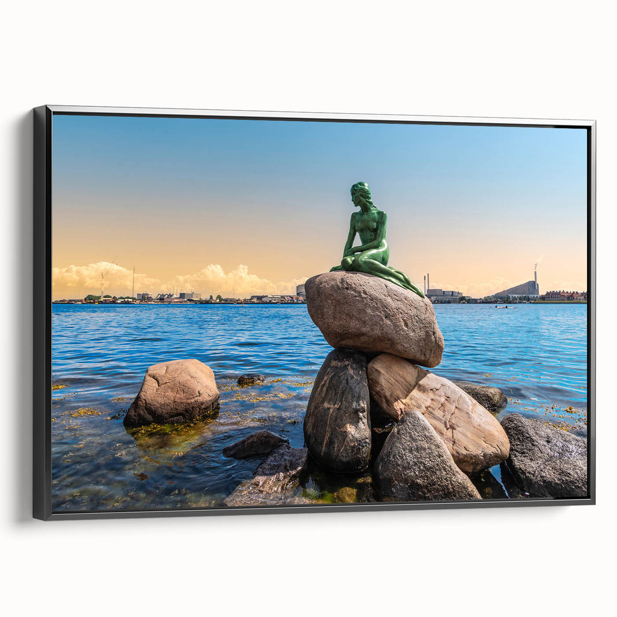 Black and white wall art of a vintage Danish landscape on framed canvas, suited for bedroom decor.