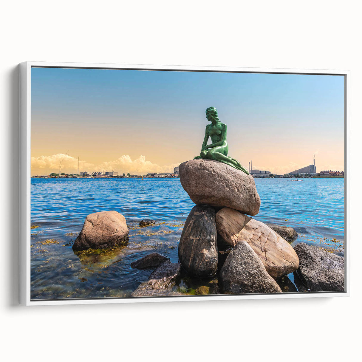 Vintage poster art of a European Denmark scenery in colorful tones on a large framed canvas, ideal for living room decor.
