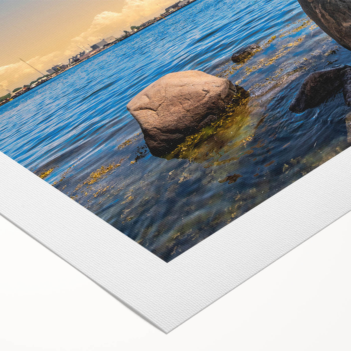 Art deco poster of a serene Danish landscape in muted green and blue tones on rolled canvas, suitable for dining room decor.