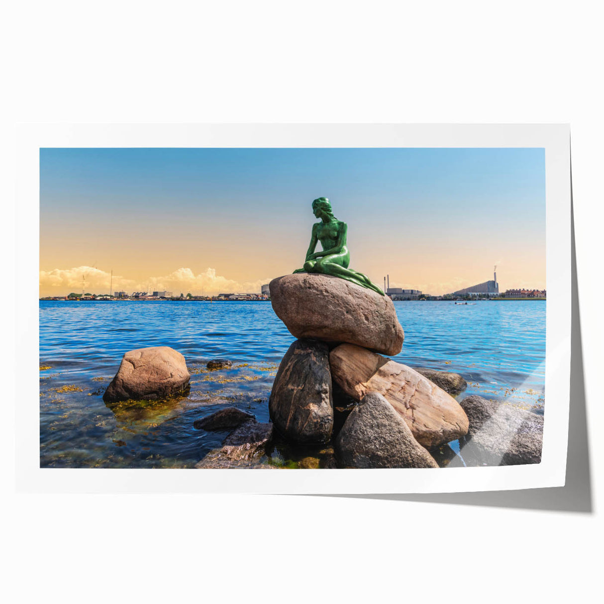 Extra large rolled print of a Danish landscape with vibrant green and blue tones, ideal for dining room wall art.