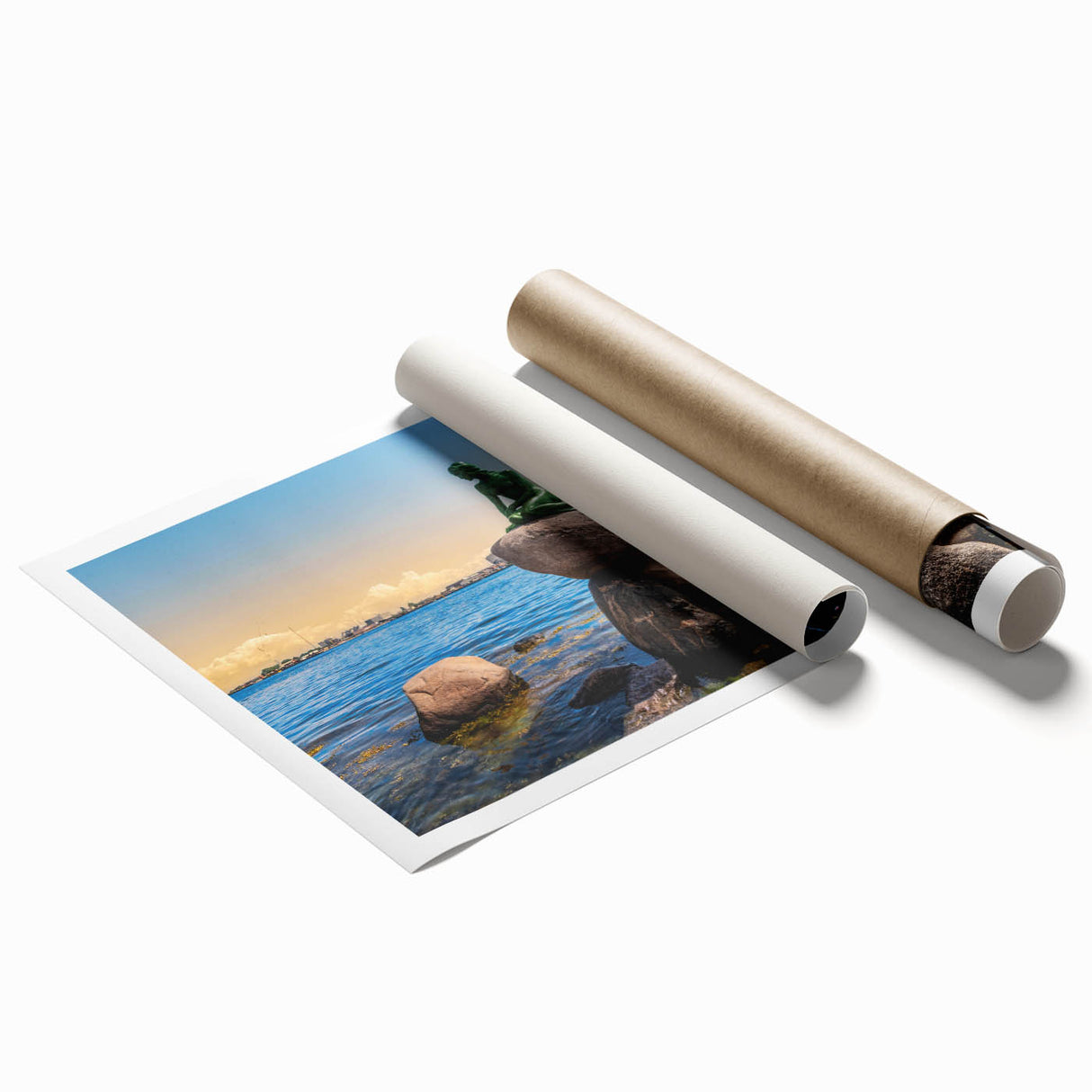 Extra large rolled print of Denmark scenery with soft floral elements in muted colors, suitable for classy bathroom wall art.