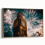 Framed canvas featuring a vintage-style London landscape in black and gold tones, ideal for bedroom decor.