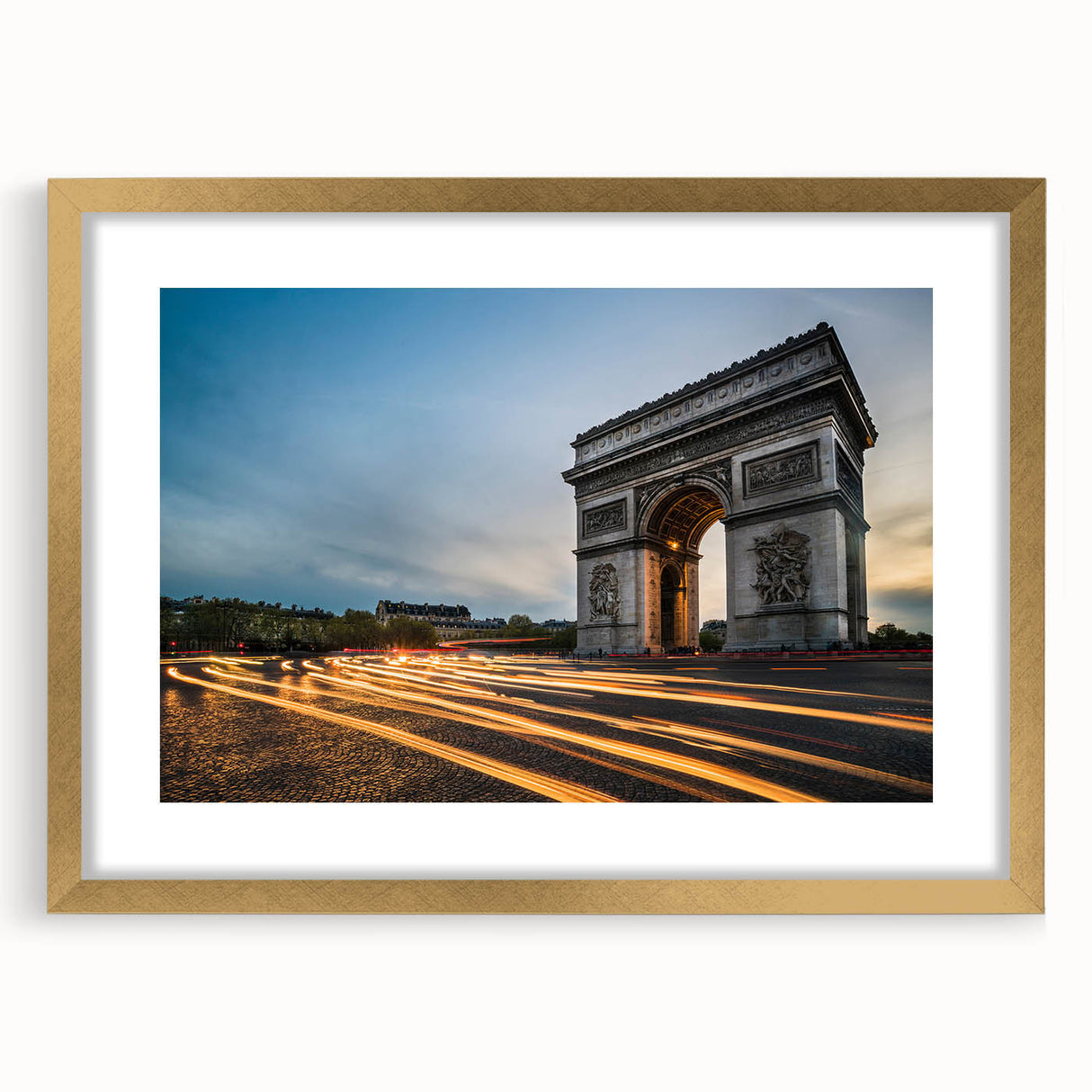 Abstract art print of Paris skyline in muted gold and blue tones on a framed canvas, suitable for dining room decor.