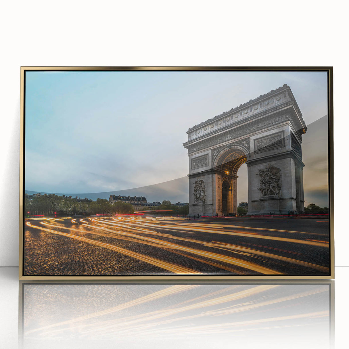 Art Deco style poster of Paris scenery in gold and black tones on framed acrylic, suitable for modern art wall decor.