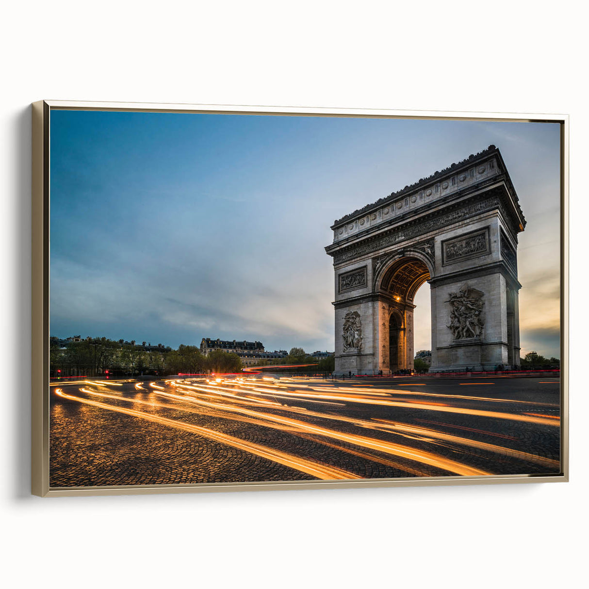 Framed canvas featuring a vintage poster of the Paris landscape in black and gold tones, suitable for bedroom wall art.