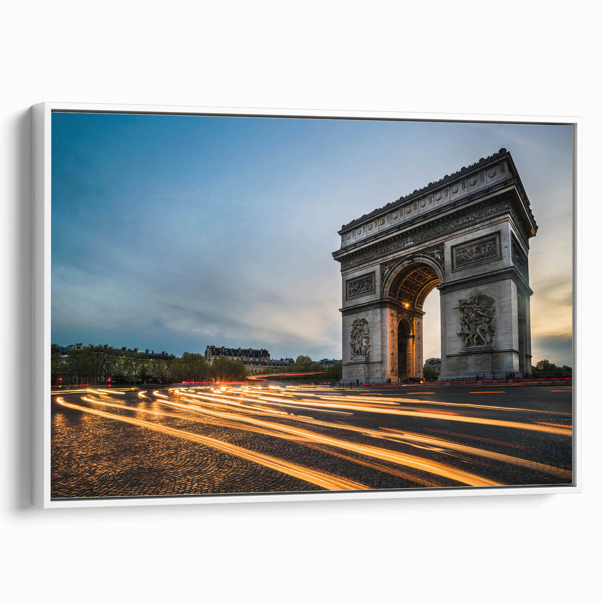 Vintage poster art of Paris scenery in vibrant colors on extra large framed canvas, ideal for living room decor.
