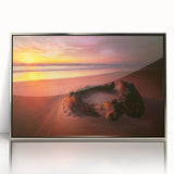 Large art print of a serene Lithuanian landscape in silver frame, featuring muted green and blue tones.