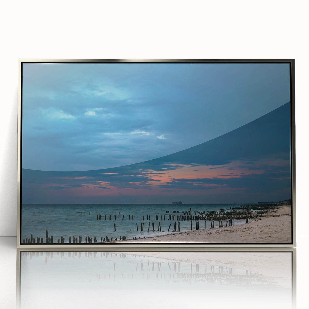 Framed acrylic print of a mid-century modernist Yucatan scenery, featuring muted earth tones.