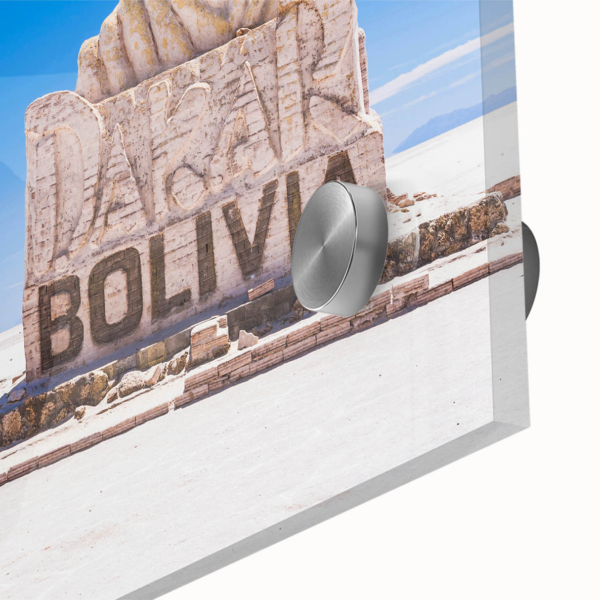 Large abstract depiction of a Bolivian landscape in earthy tones on acrylic glass.
