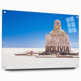 Acrylic print of a large abstract depiction of Bolivia's landscape, with vivid blue and green tones.