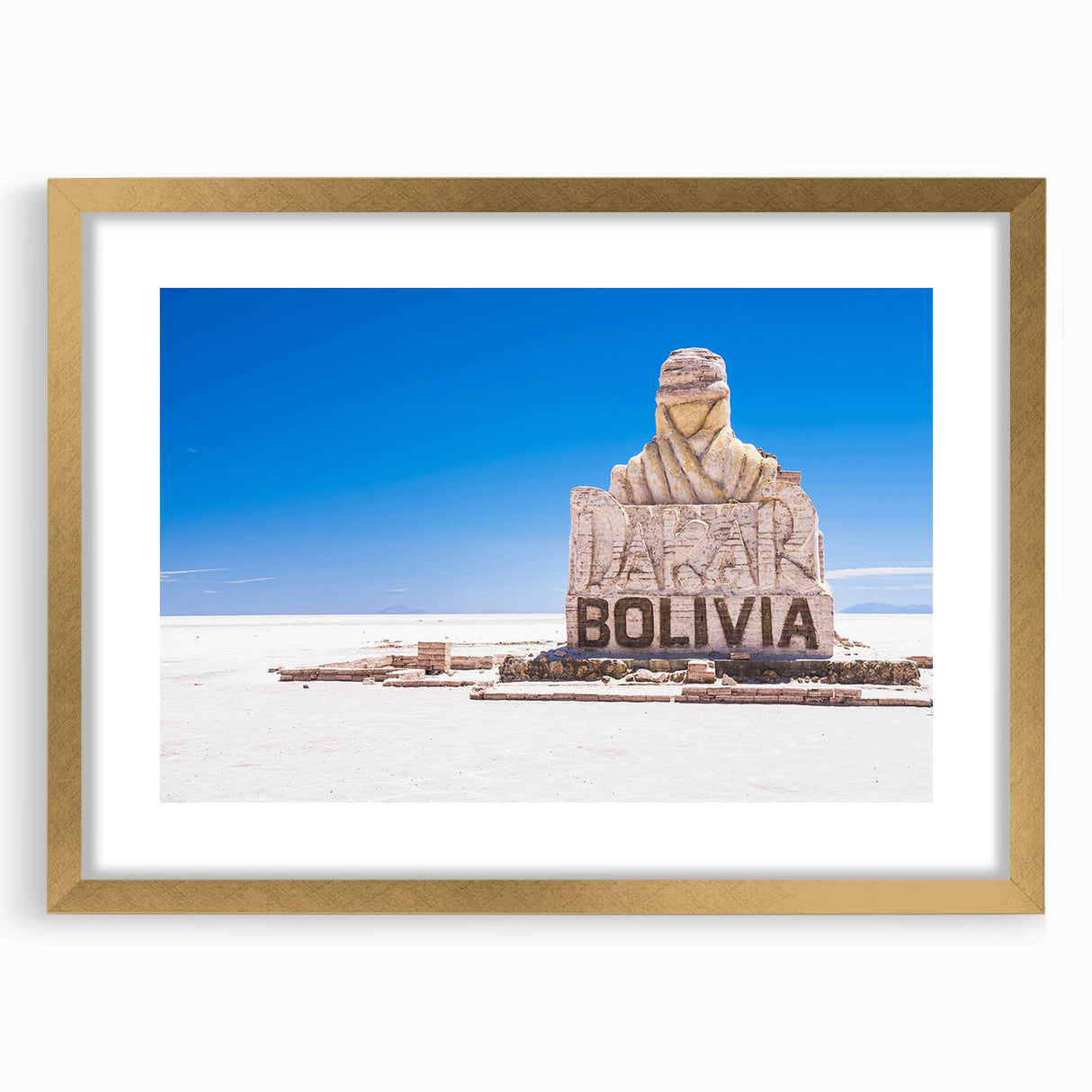 Extra large abstract art print of Bolivian scenery in textured style with a gold frame, suitable for living room decor.