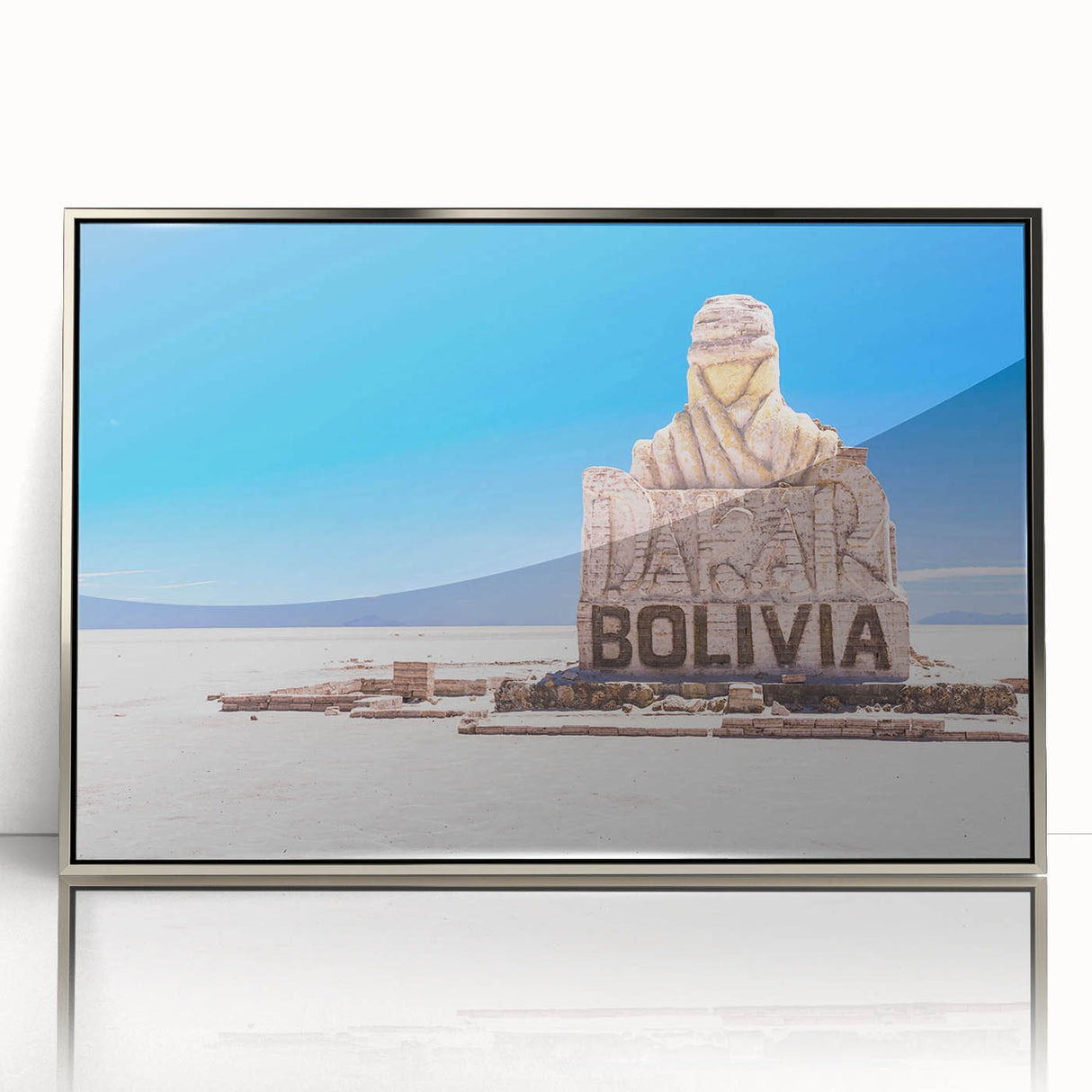 Mid-century modernist art of a Bolivian landscape in acrylic, framed in silver, ideal for nursery wall art.