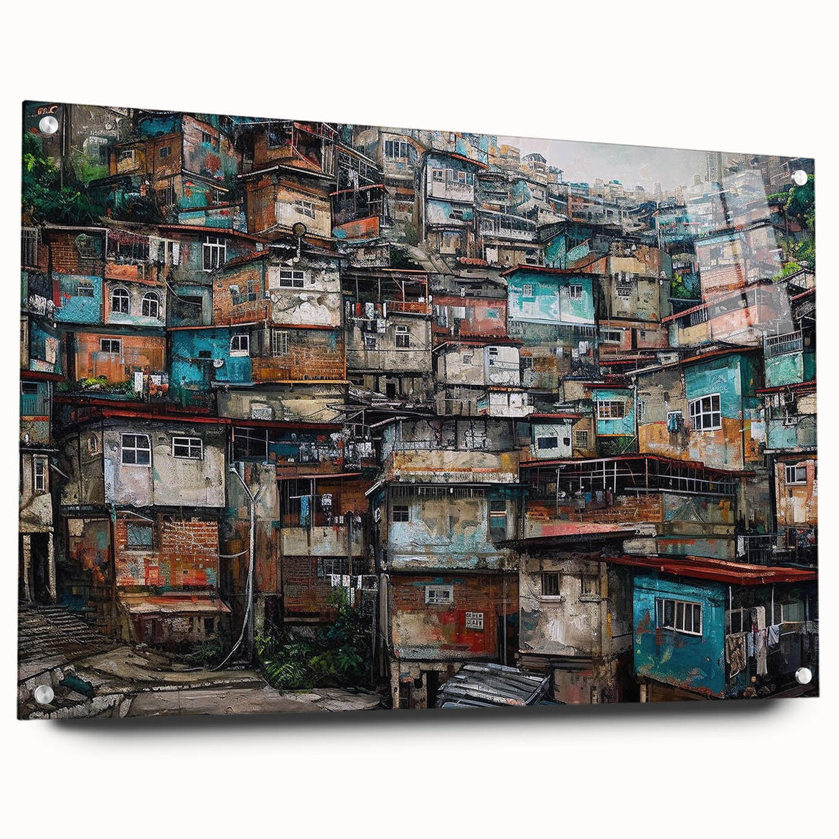 Large abstract depiction of a Brazilian landscape in vibrant green and blue tones on acrylic glass.