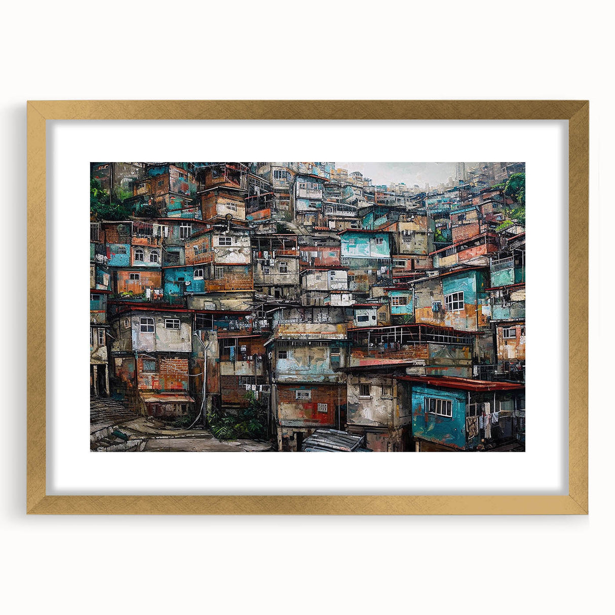 Extra large abstract art print of a textured Brazilian landscape in a gold frame, ideal for living room decor.