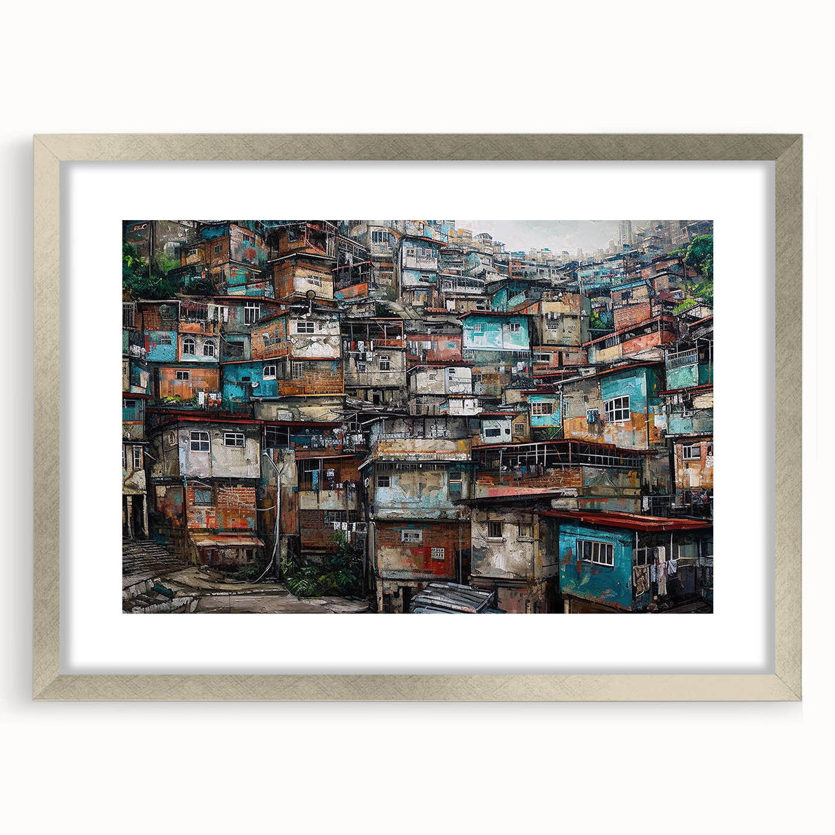 Textured abstract art print of a Brazilian landscape in muted earth tones, framed in silver, ideal for bedroom decor.