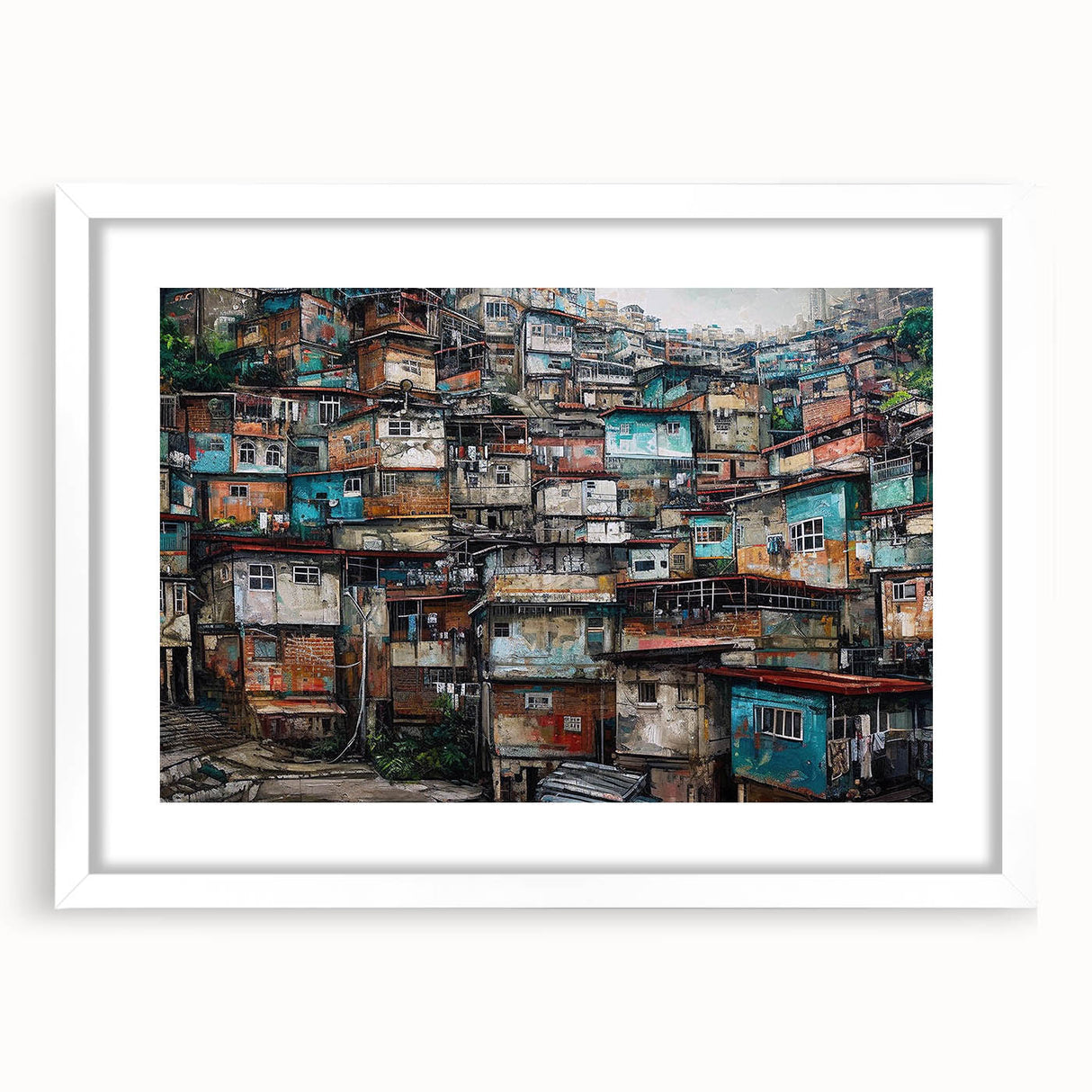 Abstract art print of a Brazilian landscape in muted earth tones on a framed white mat, ideal for dining room decor.