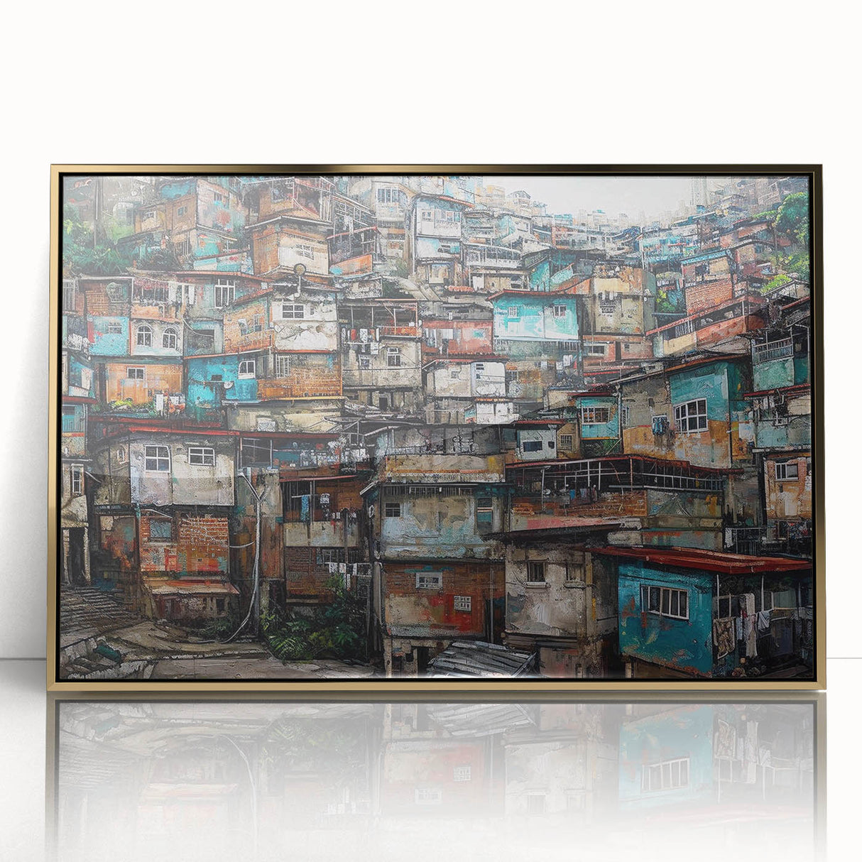 Large art print of a mid-century modernist Brazilian landscape in gold and green tones, framed acrylic.