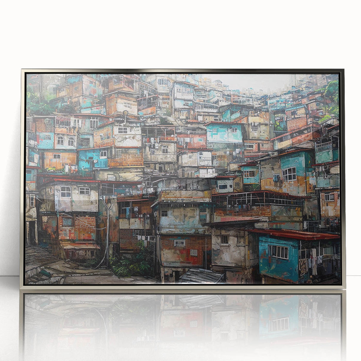 Mid-century modernist art depicting a Brazilian landscape in muted earth tones on a silver-framed acrylic print.