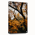 Large abstract wall art depicting fall seasons in muted orange and brown tones on acrylic glass, ideal for dining room decor.