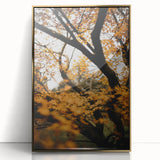 Framed acrylic print of a mid-century modernist fall scene in warm orange and brown tones, ideal for nursery wall decor.