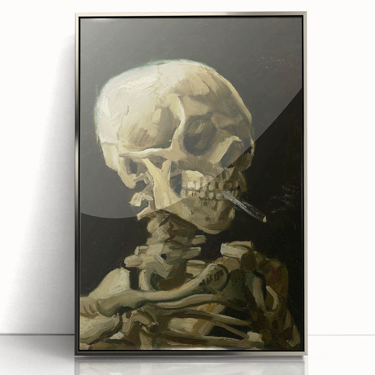 Large art print of a Van Gogh-inspired abstract in muted blues and yellows on a silver-framed acrylic.