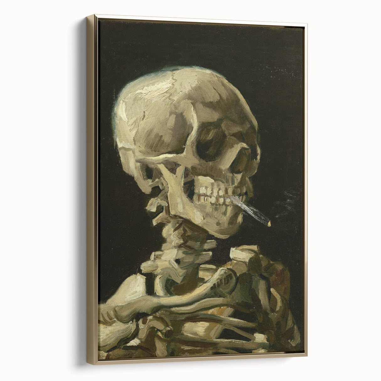 Side view of a framed canvas featuring Van Gogh-inspired landscape in gold tones, suitable as wall art for a bedroom.