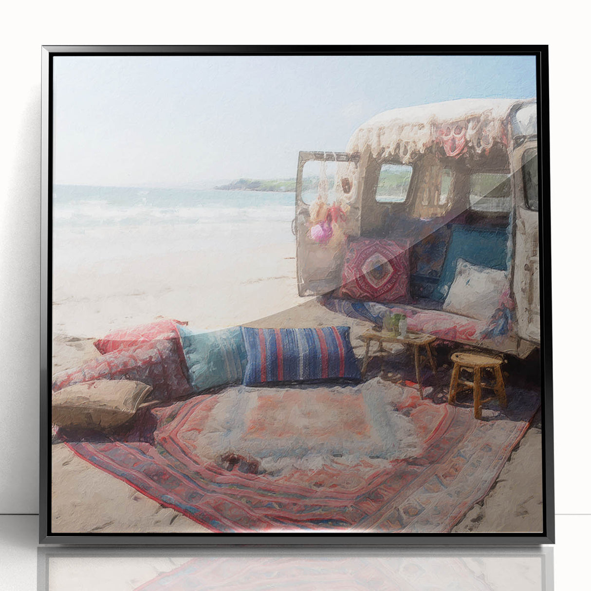 Large abstract wall art featuring a mid-century modernist caravan design in black and white, acrylic framed.