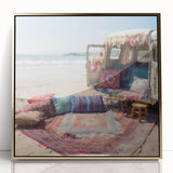 Mid-century modernist caravan depicted in gold and teal tones, framed acrylic print, suitable for nursery wall art.