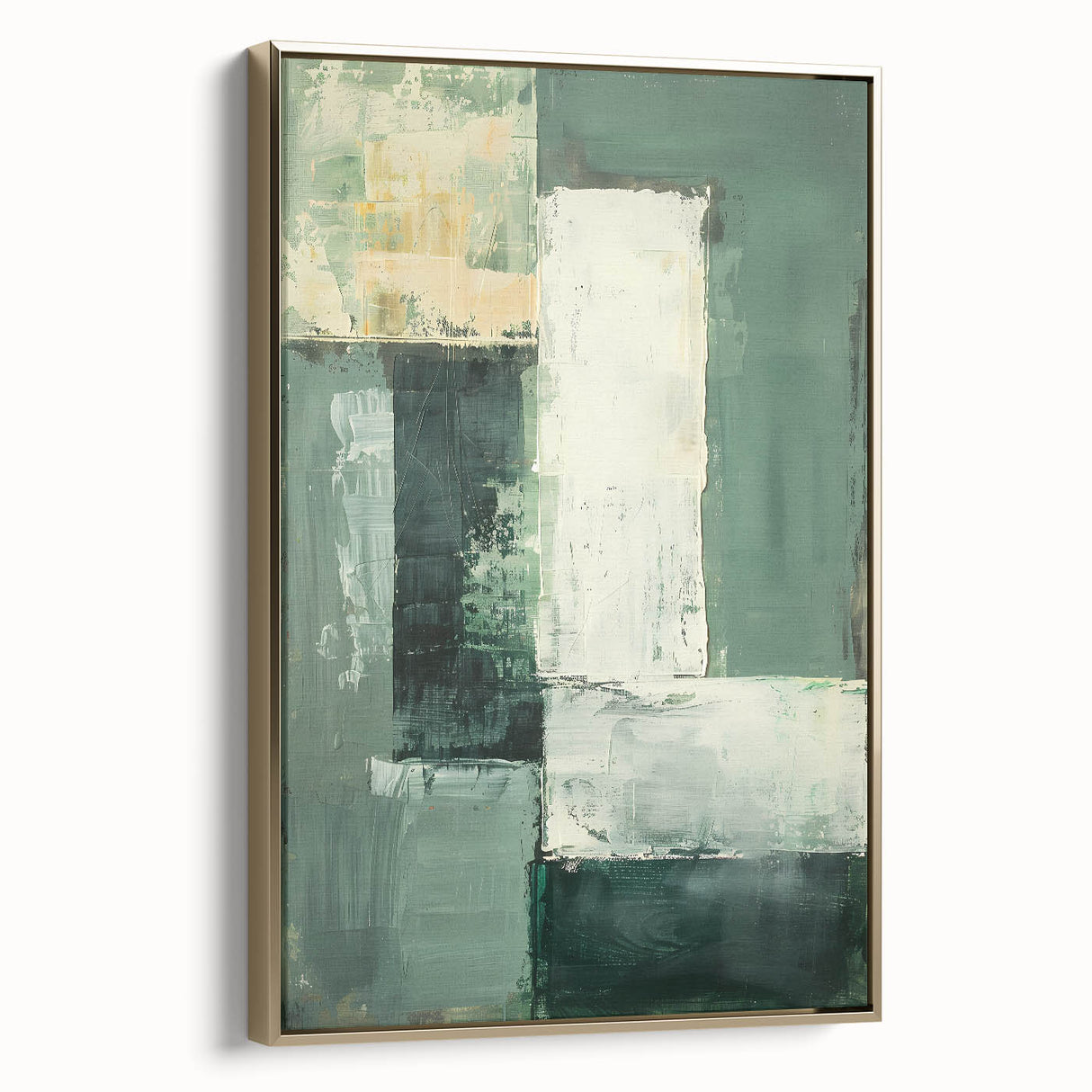Framed abstract minimalist wall art featuring a gold and white design, displayed from a side view to highlight its sleek profile and elegant finish.