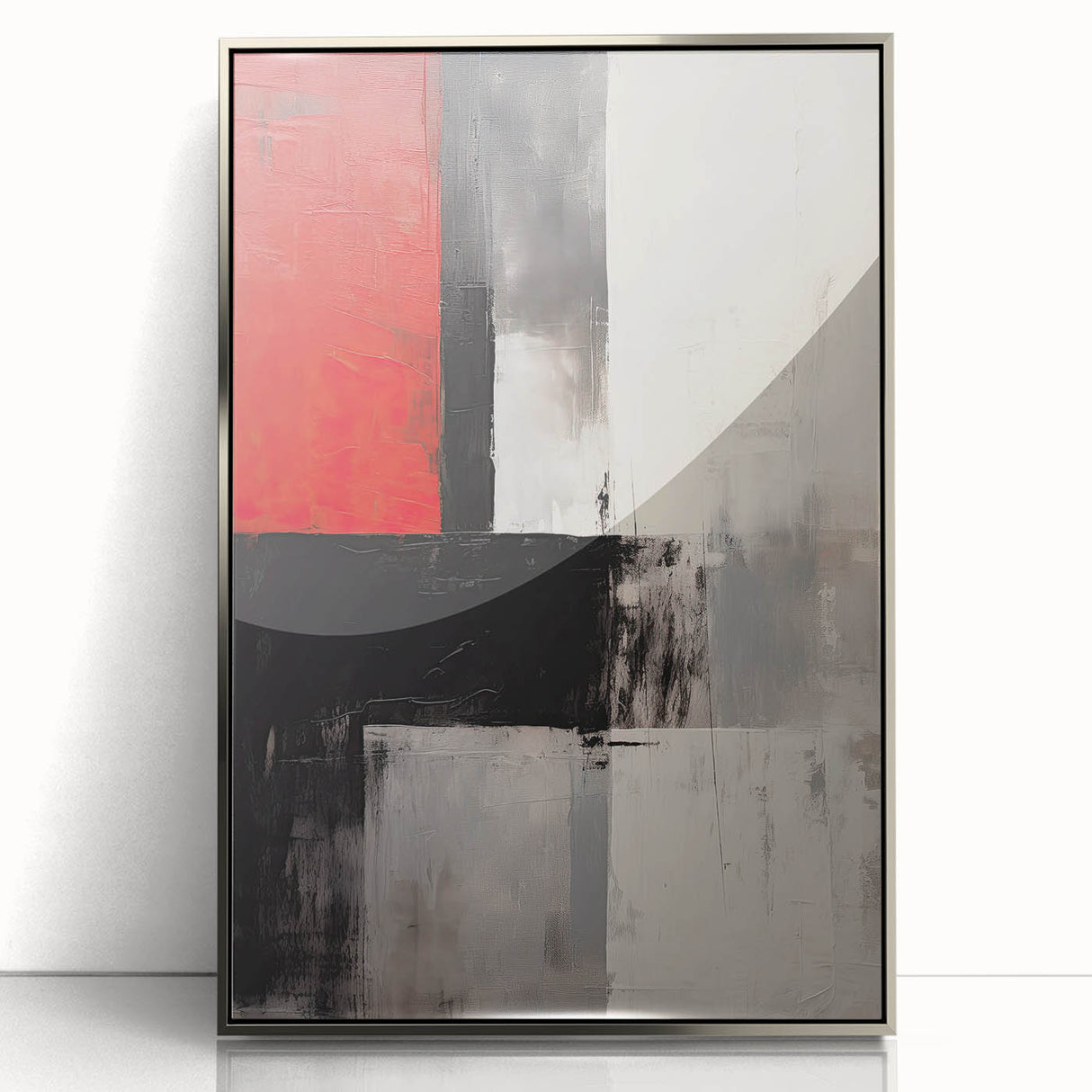 Framed abstract minimalist wall art featuring a sleek silver-acrylic finish, showcasing geometric patterns in a modern setting, perfect for contemporary decor.