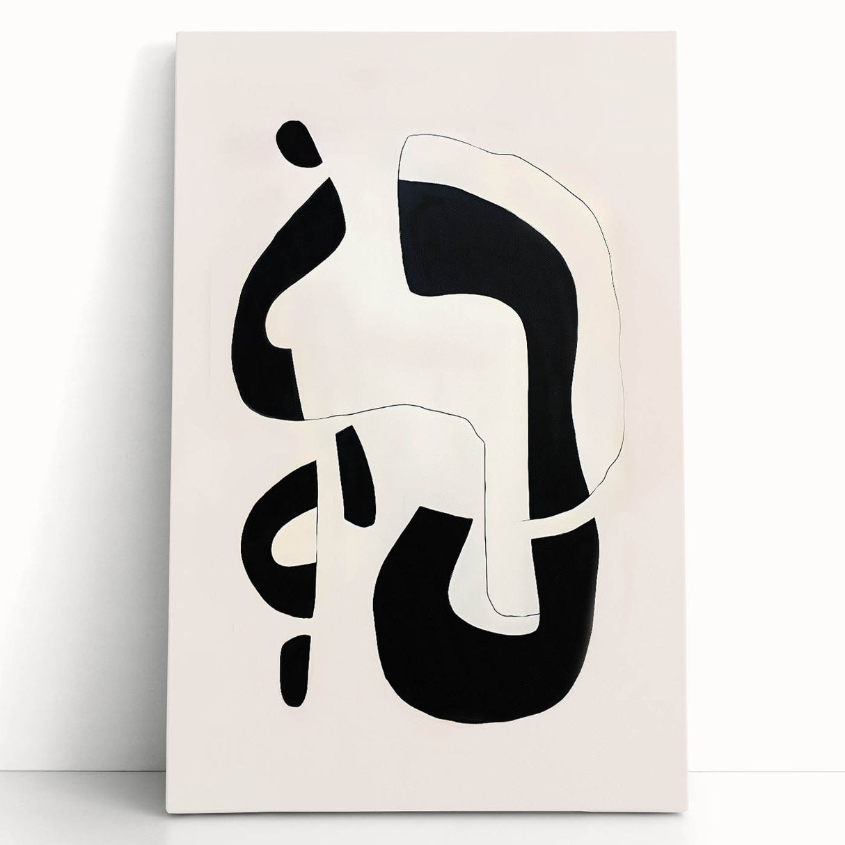 Abstract minimalist wall art design on stretched canvas, featuring soft pastel colors and geometric shapes, leaning against a neutral wall in a modern setting.