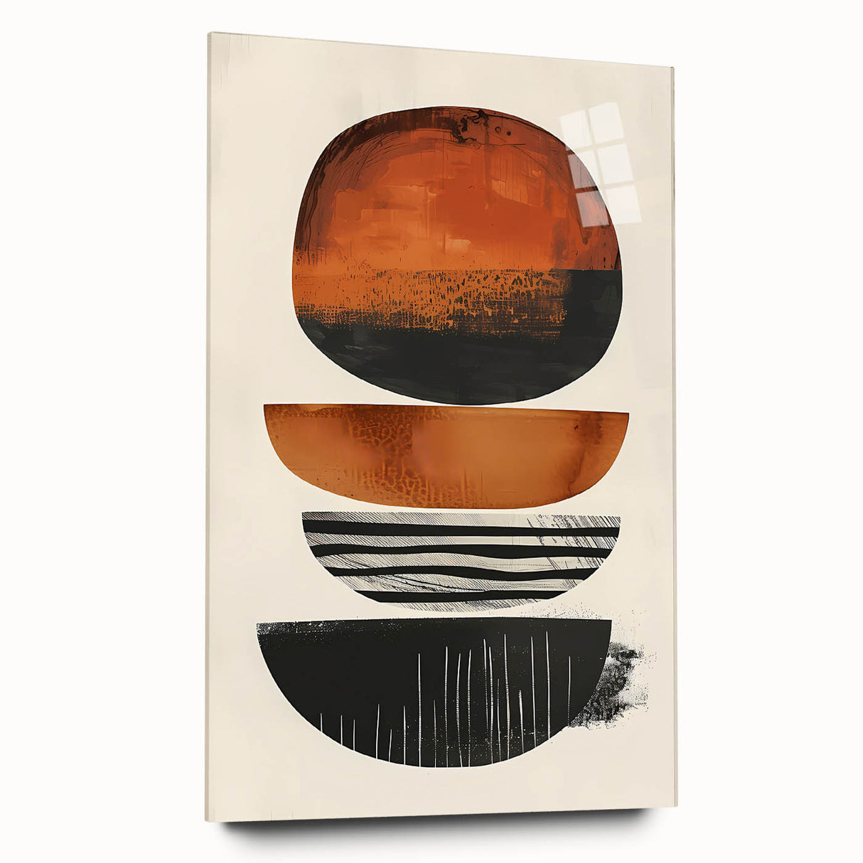Abstract minimalist wall art in vibrant colors displayed on acrylic glass, showcasing an elegant side view without pins, ideal for modern home decor.
