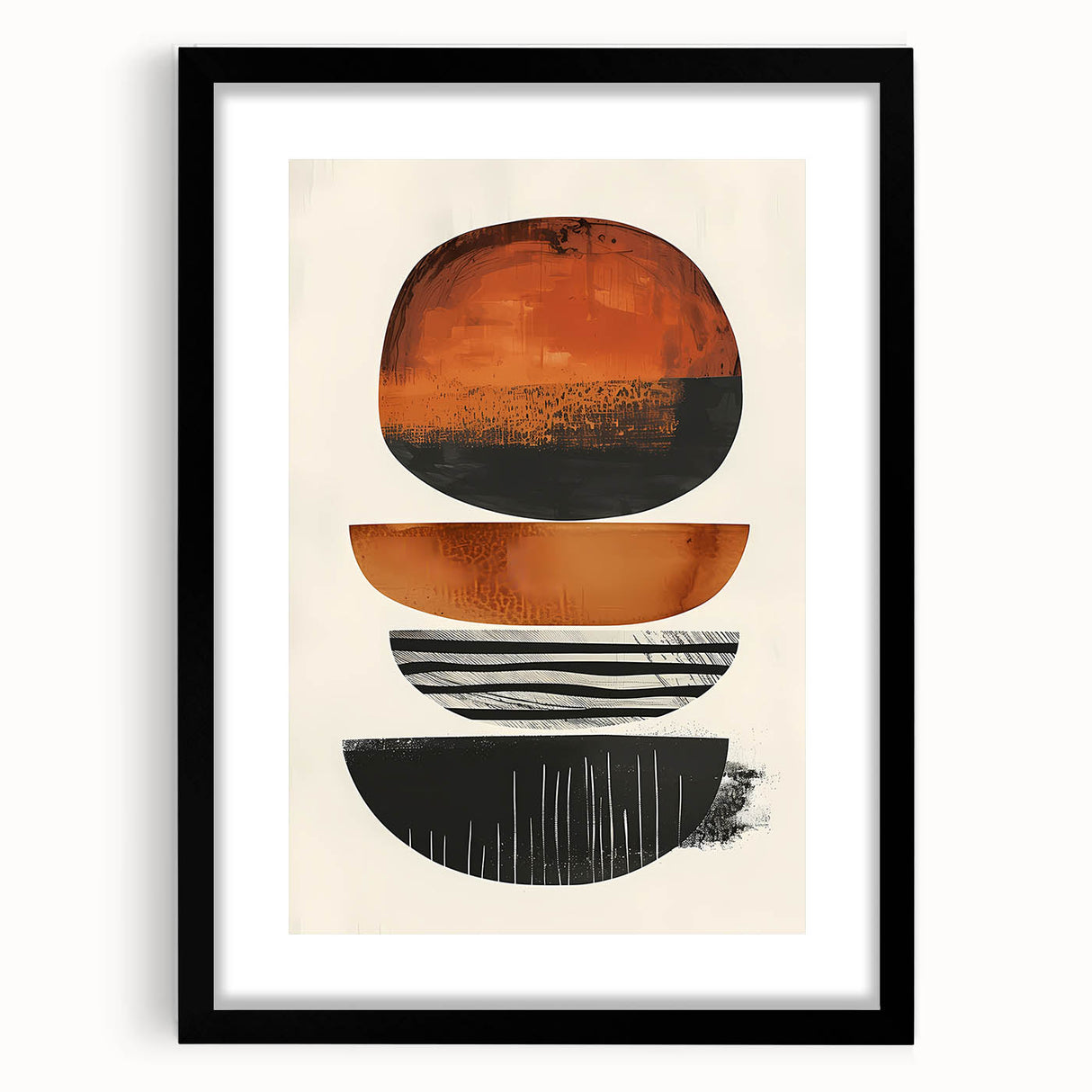 Abstract minimalist wall art framed in black with a white mat, showcasing geometric shapes and soft neutral tones, ideal for modern home decor.
