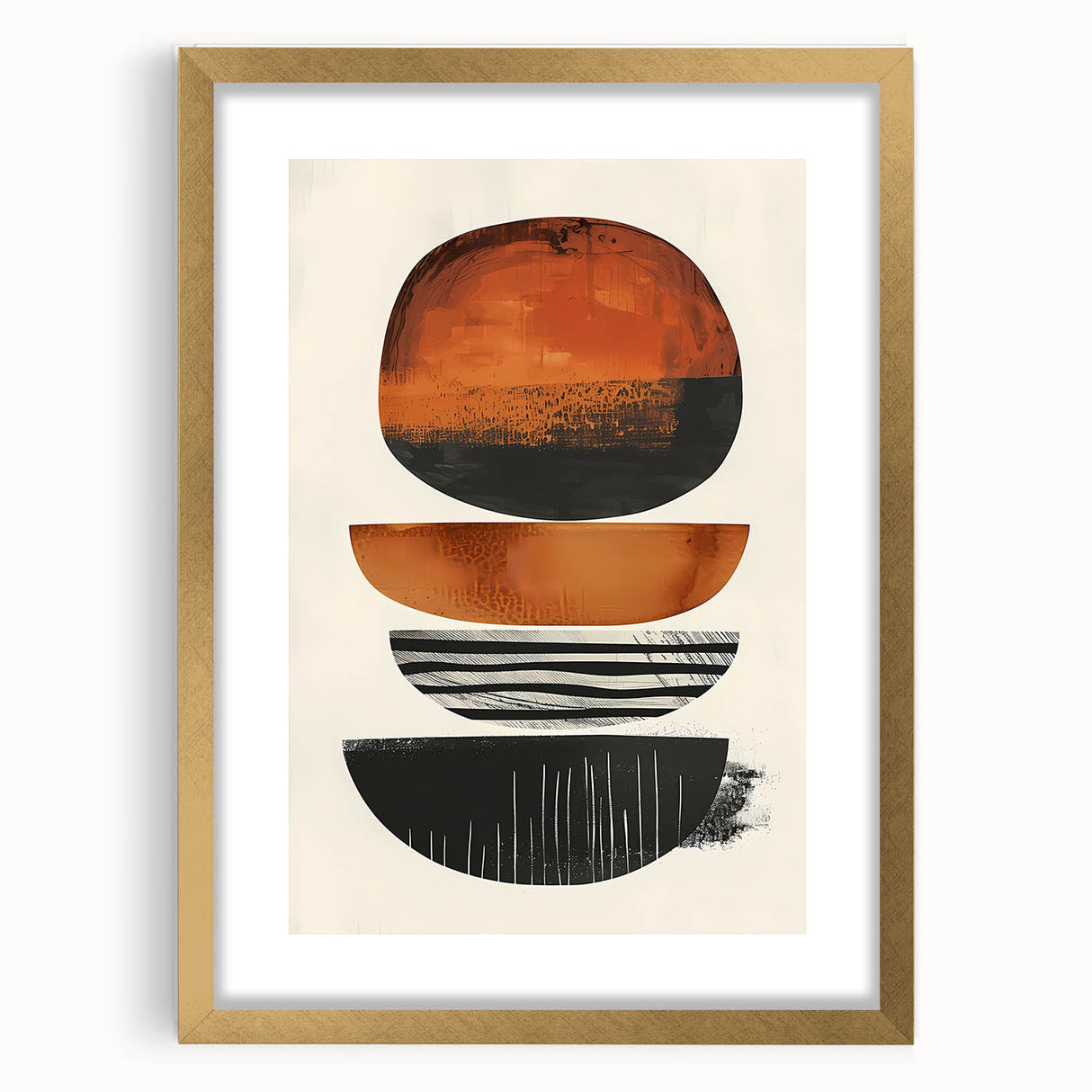 Abstract minimalist wall art framed with a mat, showcasing a gold border and a contemporary design. Ideal for modern home decor or office spaces.