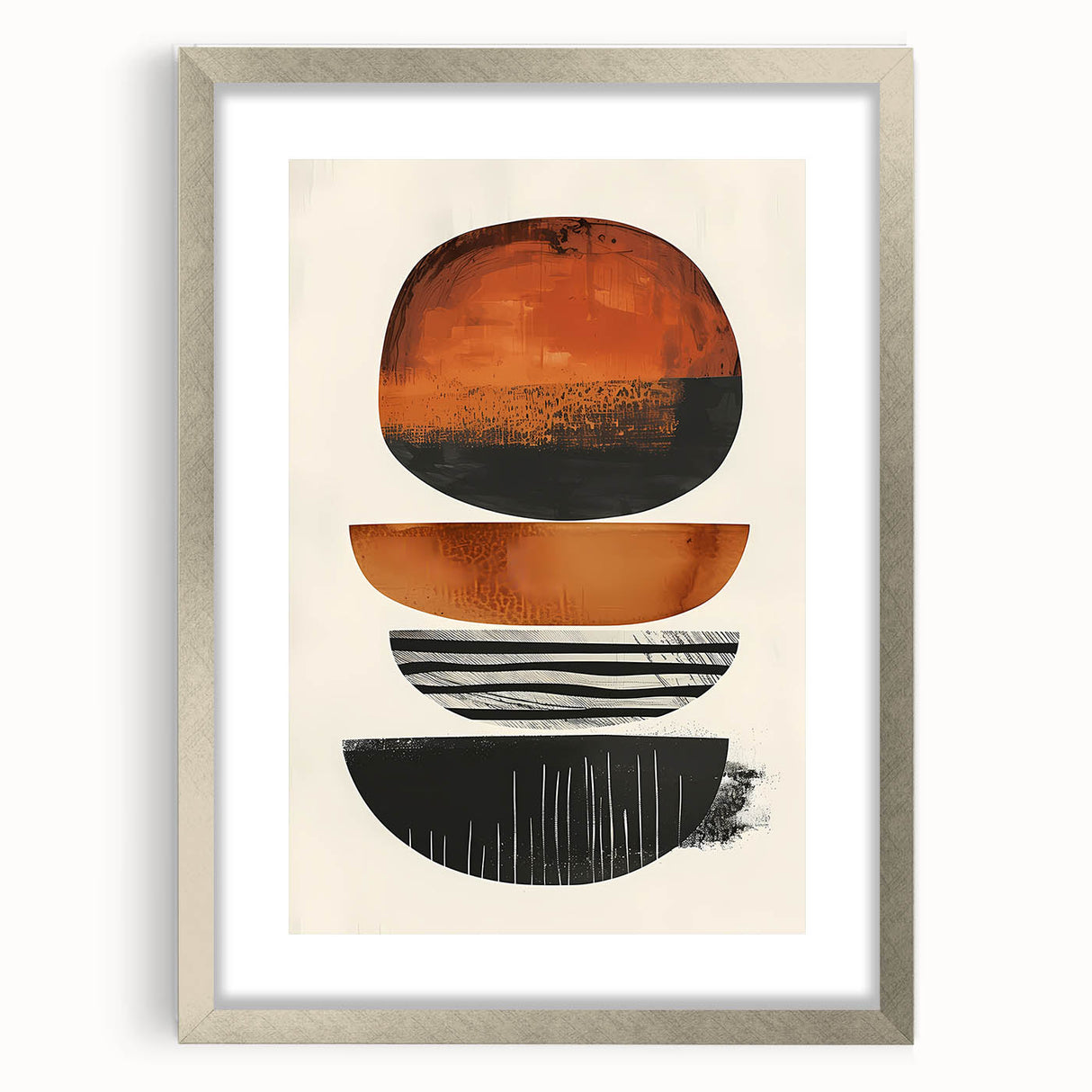 Abstract minimalist wall art frame with a silver mat, showcasing geometric shapes in soft pastel colors, ideal for modern home decor or office spaces.