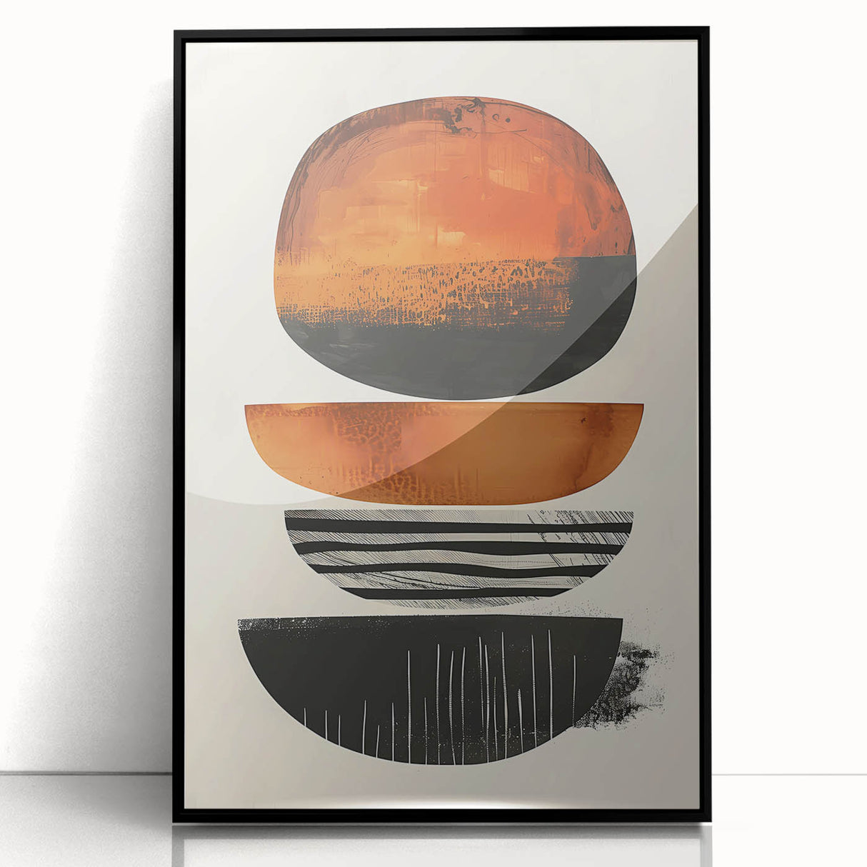 Framed abstract minimalist wall art featuring a sleek black design, displayed from the front, ideal for modern home decor and enhancing interior aesthetics.