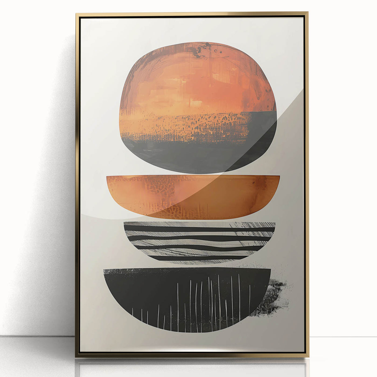 Framed abstract minimalist wall art featuring gold accents and a sleek acrylic finish, designed to enhance modern home decor. Ideal for contemporary living spaces.