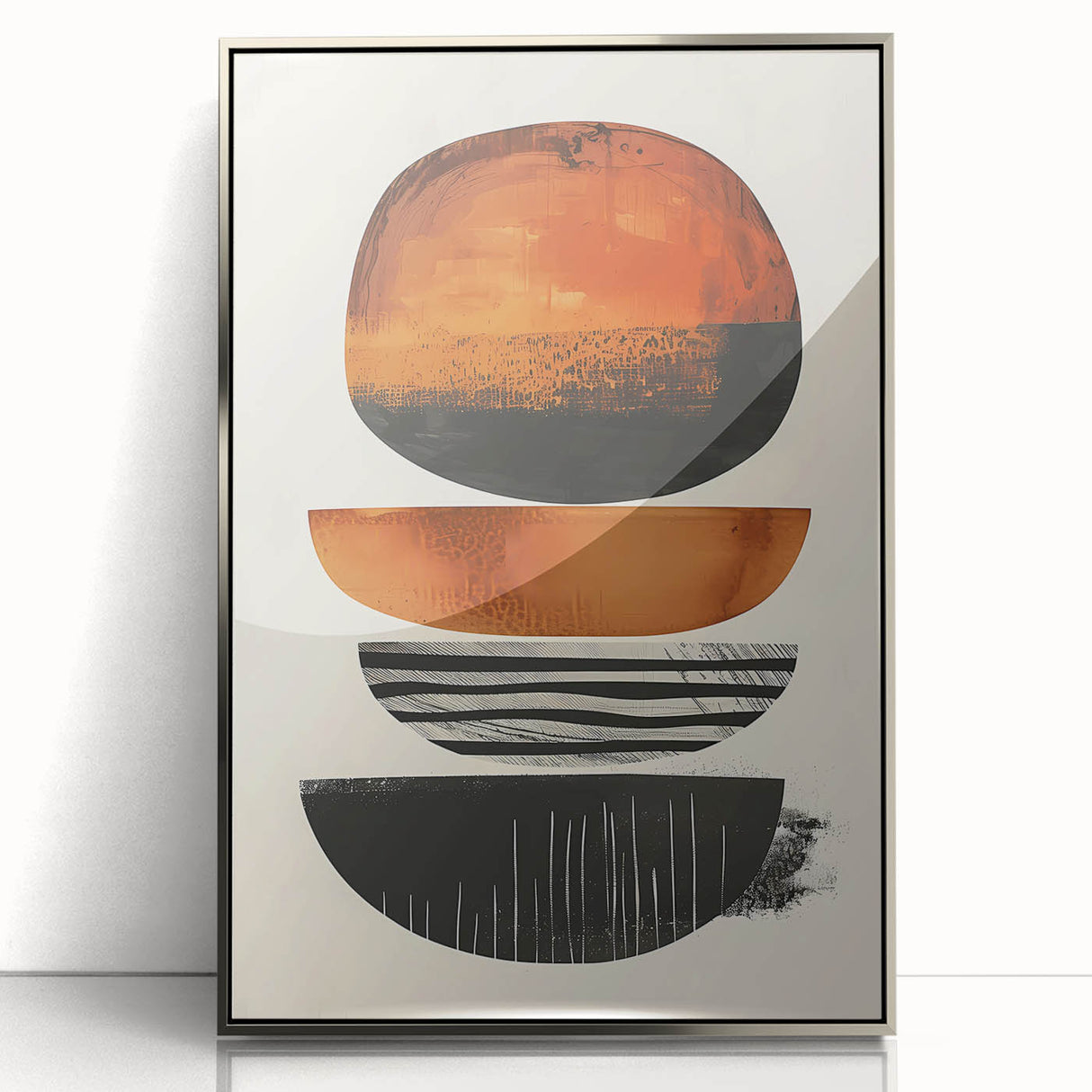 Framed acrylic abstract minimalist wall art showcasing fluid silver tones and geometric shapes, ideal for modern home decor and enhancing contemporary interiors.