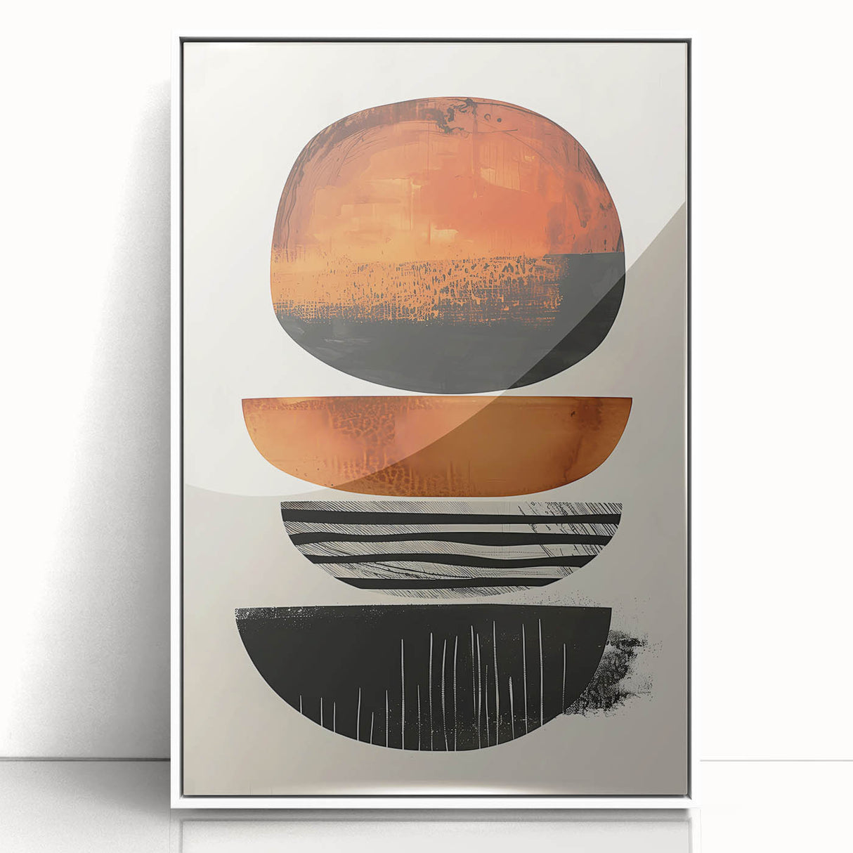 Framed abstract minimalist wall art with a white background, featuring soft geometric shapes in muted colors, perfect for modern home decor.