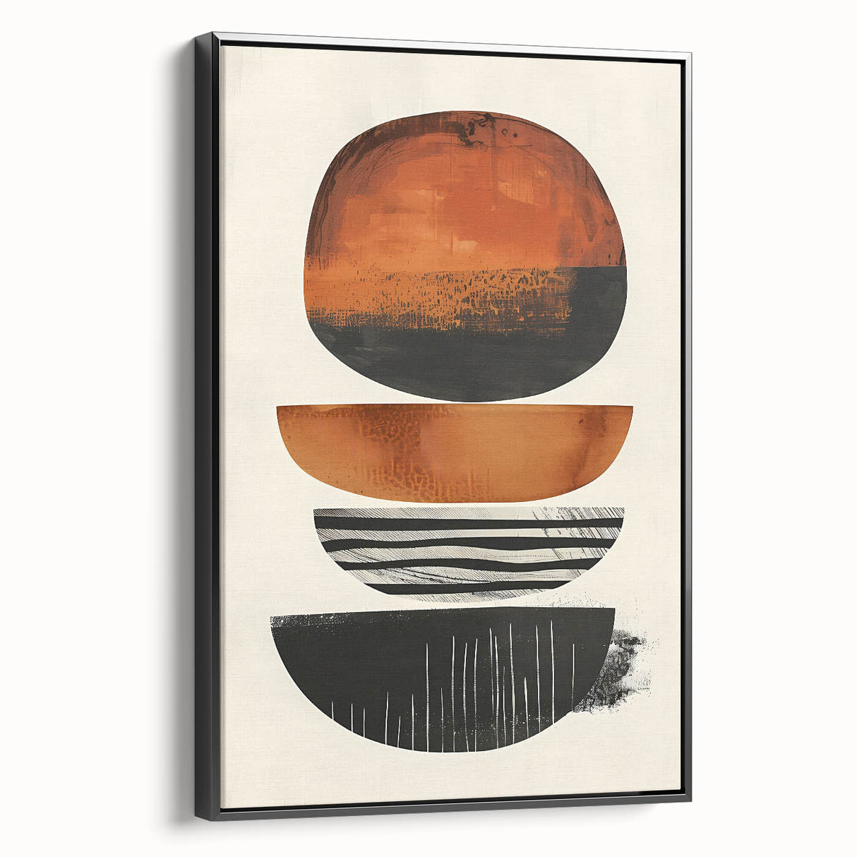Abstract minimalist wall art in a sleek black frame, showcasing a dynamic design with smooth lines and subtle textures, perfect for modern home decor.