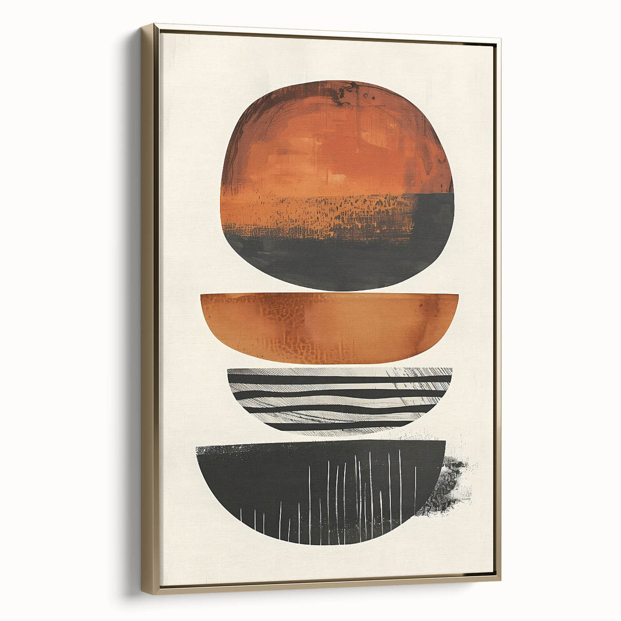 Framed abstract minimalist wall art featuring a gold design on canvas, showcasing elegant lines and shapes, perfect for modern decor in living spaces.