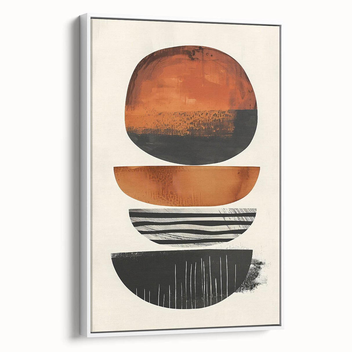 Framed minimalist wall art featuring an abstract design in muted tones of white and gray, showcasing a sleek side view against a neutral background, perfect for modern decor.