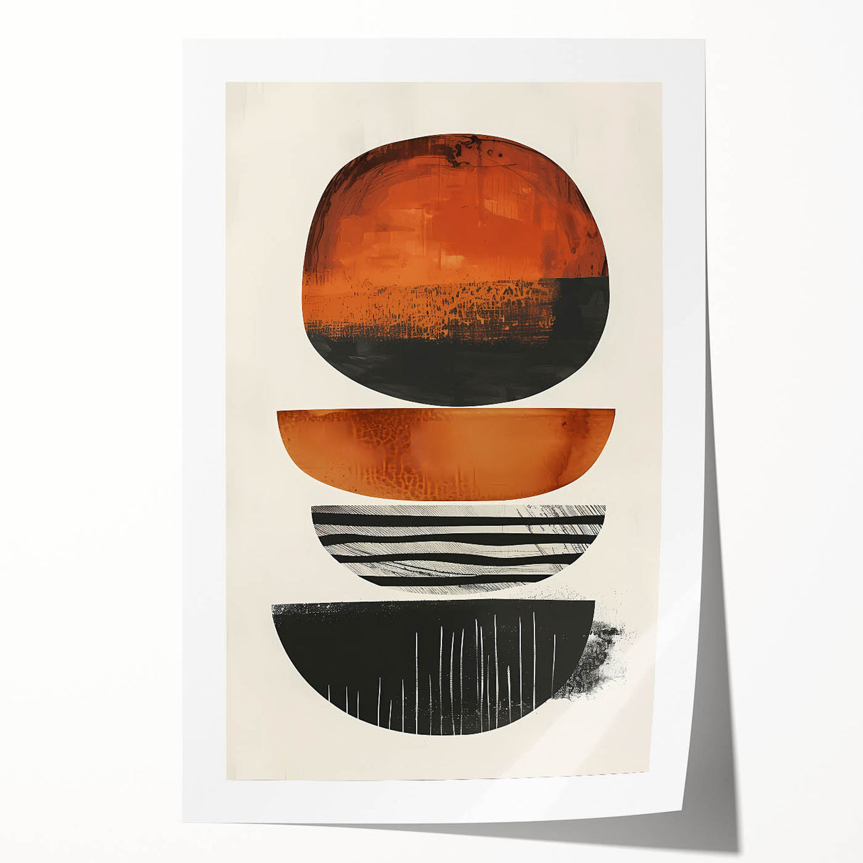 Abstract minimalist wall art print showcasing soft earthy tones and geometric shapes, rolled for easy shipping, perfect for modern home decor.