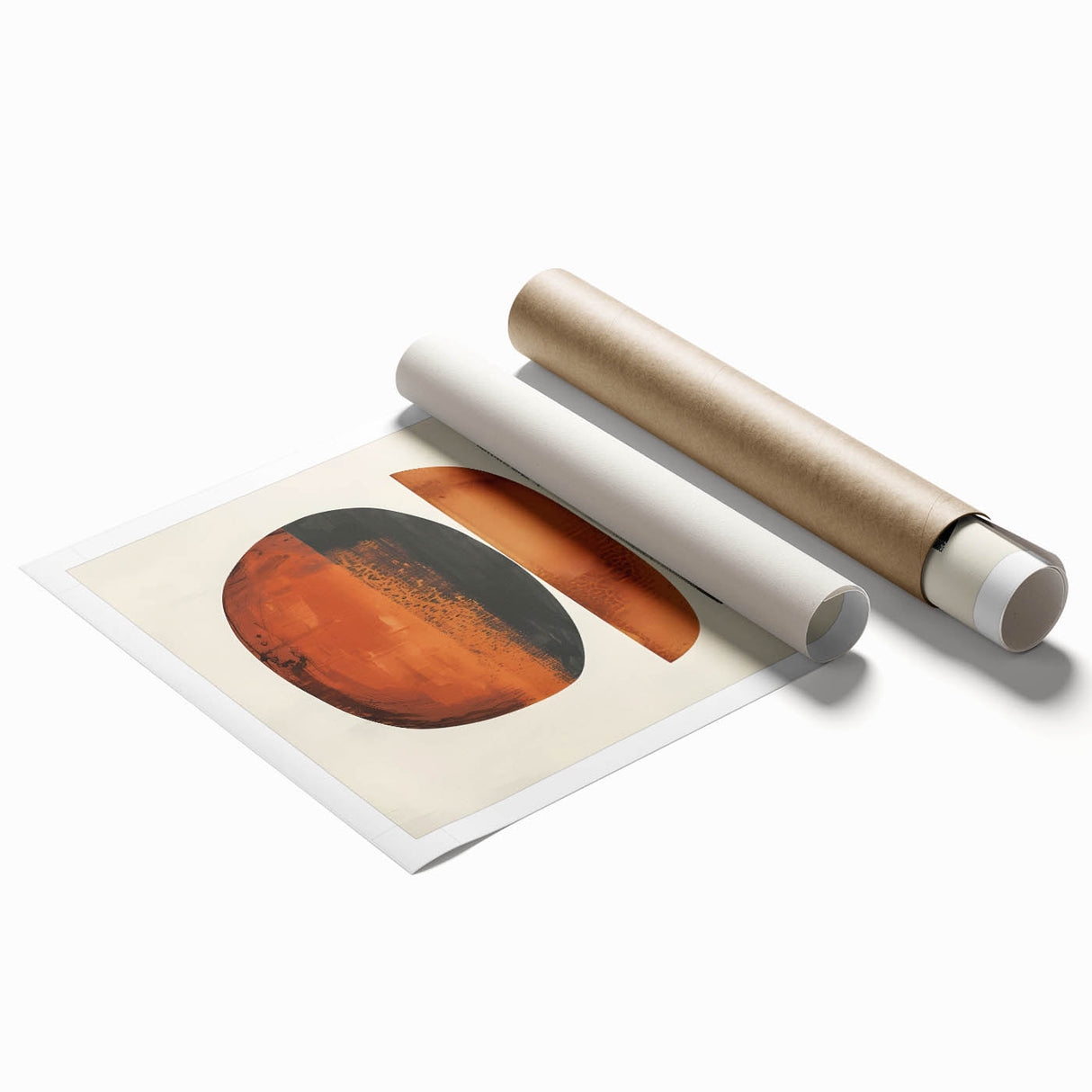 Abstract minimalist wall art print showcasing soft pastel colors and geometric shapes, elegantly rolled and packaged in a protective cardboard tube. Ideal for modern home decor.