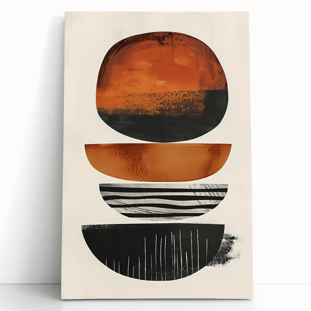 Abstract minimalist wall art on stretched canvas, showcasing soft pastel colors and geometric shapes, elegantly leaning against a white wall, perfect for modern decor.