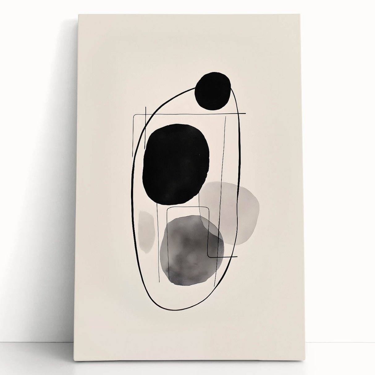 Abstract minimalist wall art on stretched canvas, showcasing soft pastel colors and geometric shapes, leaning against a white wall for a modern aesthetic.