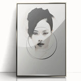 Framed abstract minimalist wall art featuring a sleek silver acrylic front, showcasing geometric shapes and soft color gradients, perfect for modern decor.